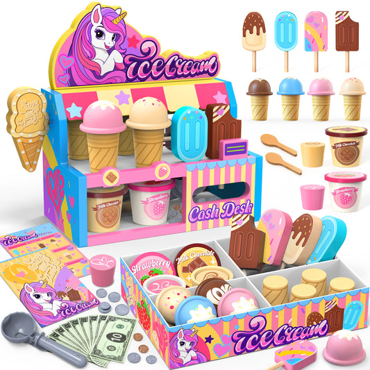 Atvuaey Wooden Ice Cream Toys, Kids Play Store Pretend Toy for Toddlers, Kitchen Accessories with Scoop, Menu, Pink Ice Cream Shop Playset, Birthday Gifts for 3-8 Year Old Girls
