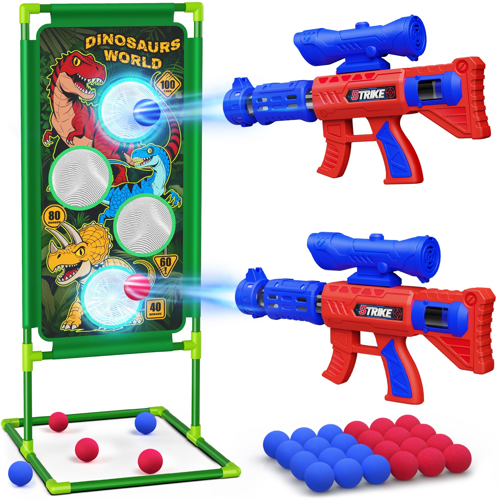 Atvuaey Dinosaur Foam Ball Launcher Toy,Shooting Target Game 2 Air Pump Launchers 24 Soft Balls,Outdoor Active Play Toys,Gifts for Boys Girls Age 3-12
