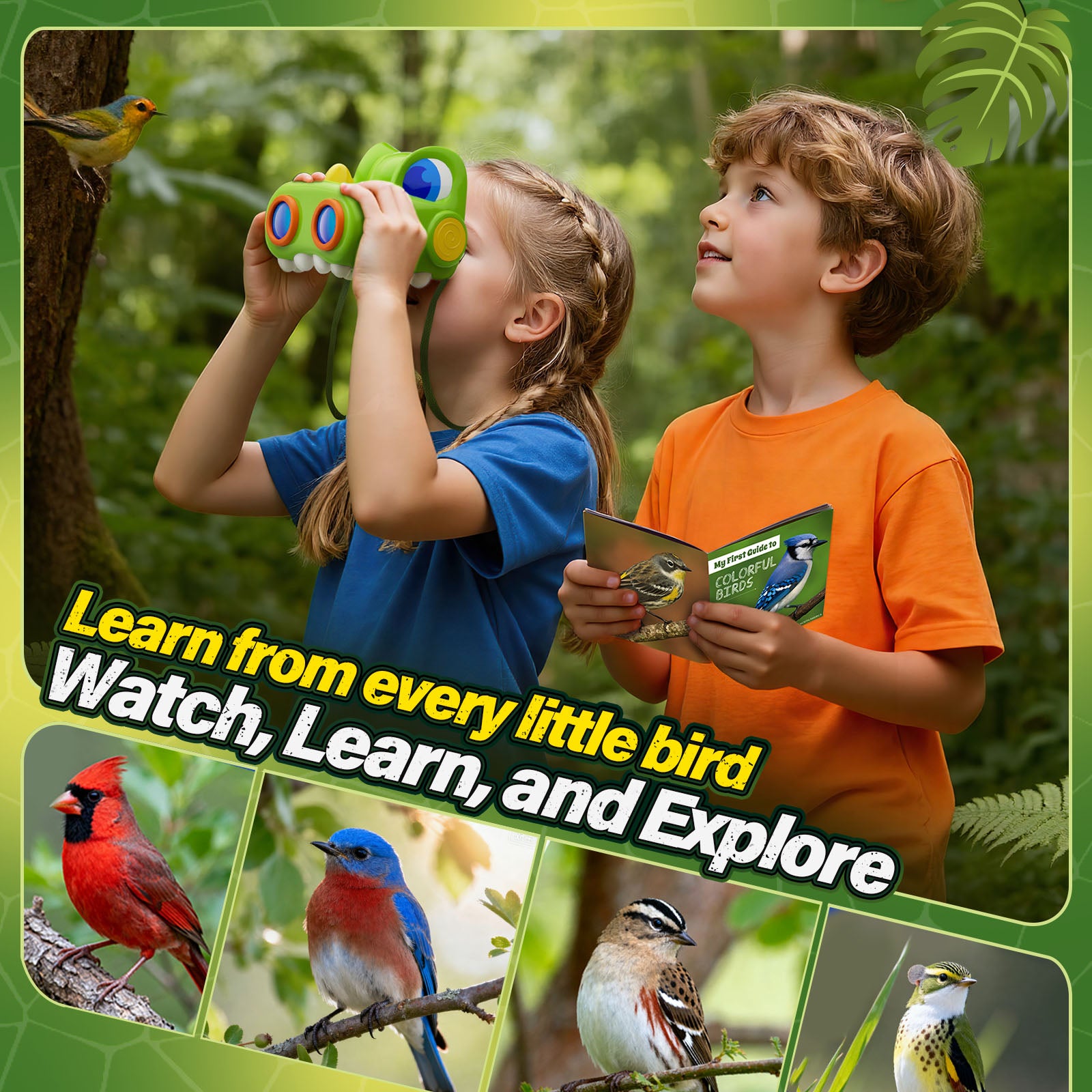 Atvuaey Kids Binoculars, Dinosaur Binoculars for Kids with Compass and Bird Watching Manual, Outdoor Learning Gear for Ages 3 to 12