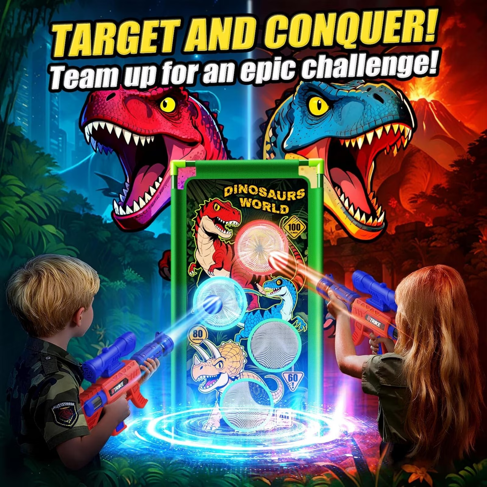 Atvuaey Dinosaur Foam Ball Launcher Toy,Shooting Target Game 2 Air Pump Launchers 24 Soft Balls,Outdoor Active Play Toys,Gifts for Boys Girls Age 3-12