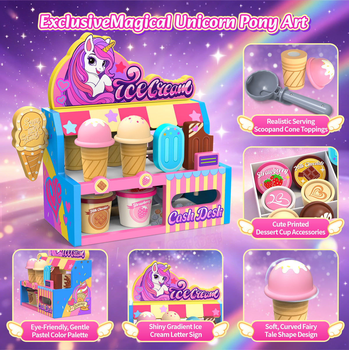 Atvuaey Wooden Ice Cream Toys, Kids Play Store Pretend Toy for Toddlers, Kitchen Accessories with Scoop, Menu, Pink Ice Cream Shop Playset, Birthday Gifts for 3-8 Year Old Girls