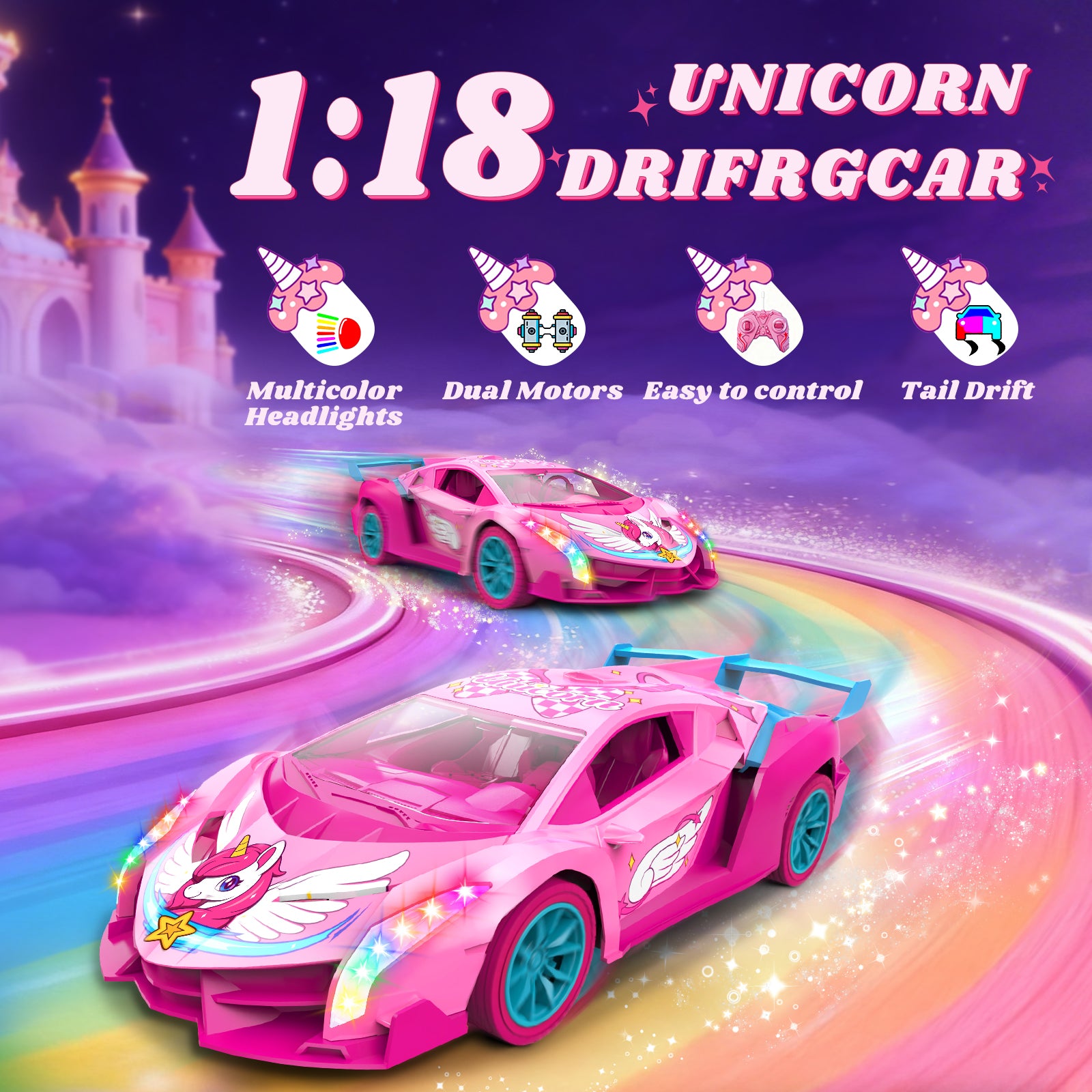 Atvuaey Remote Control Car for Kids, 1:18 Drift RC Cars Toy with LED Lights, Birthday Gifts for Boys Girls Age 3-12 Pink