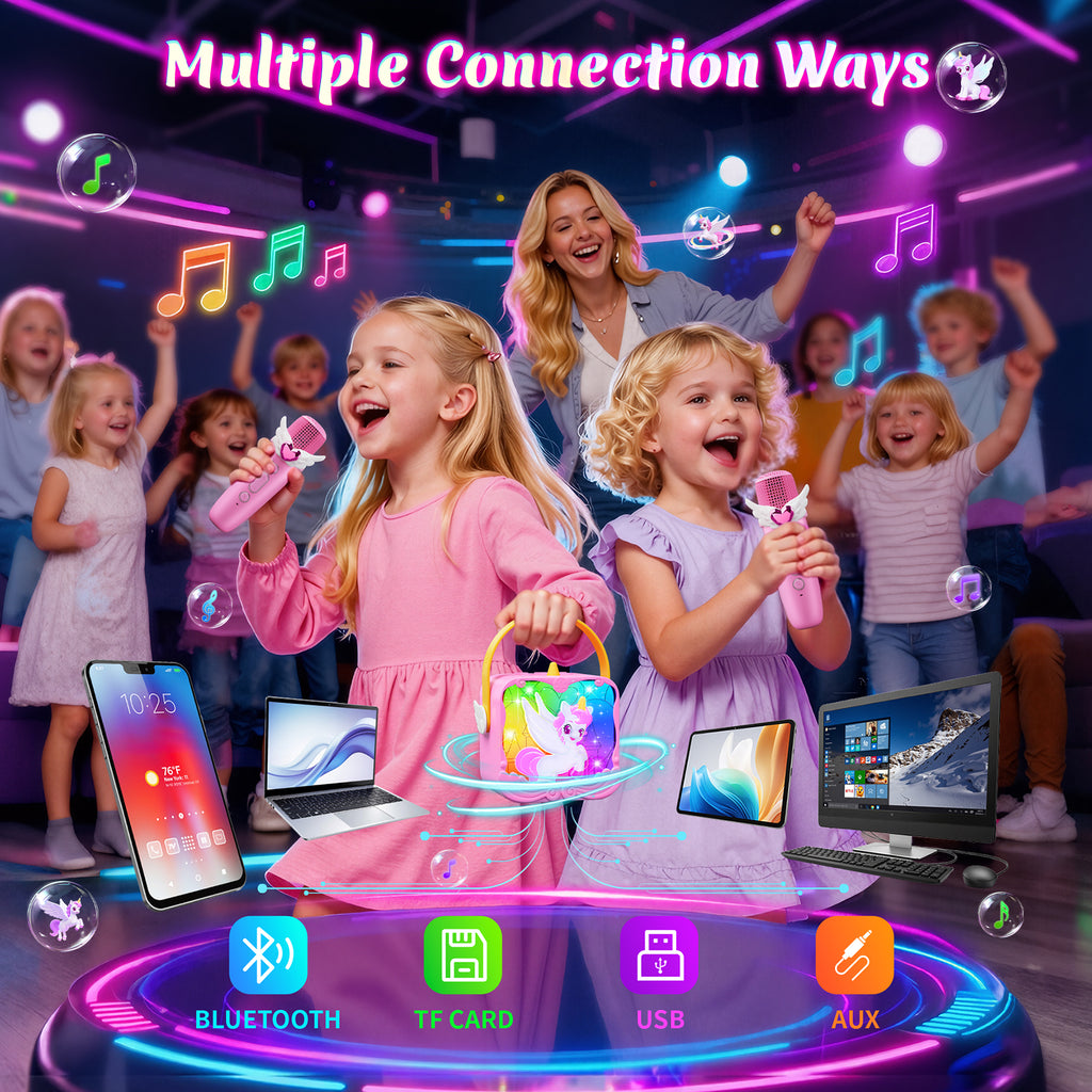 Atvuaey Mini Karaoke Machine for Kids, Wings and Castle Light Show Singing Set with 2 Microphones, Christmas Birthday Gifts for Girls and Boys