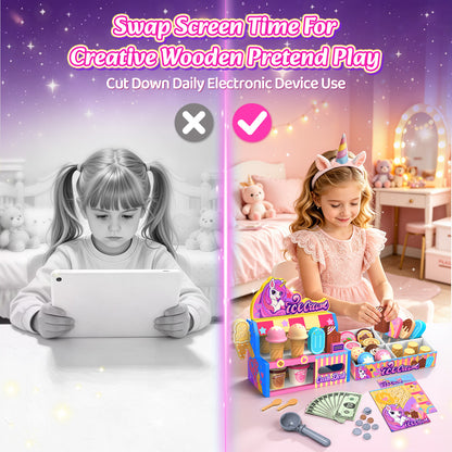 Atvuaey Wooden Ice Cream Toys, Kids Play Store Pretend Toy for Toddlers, Kitchen Accessories with Scoop, Menu, Pink Ice Cream Shop Playset, Birthday Gifts for 3-8 Year Old Girls