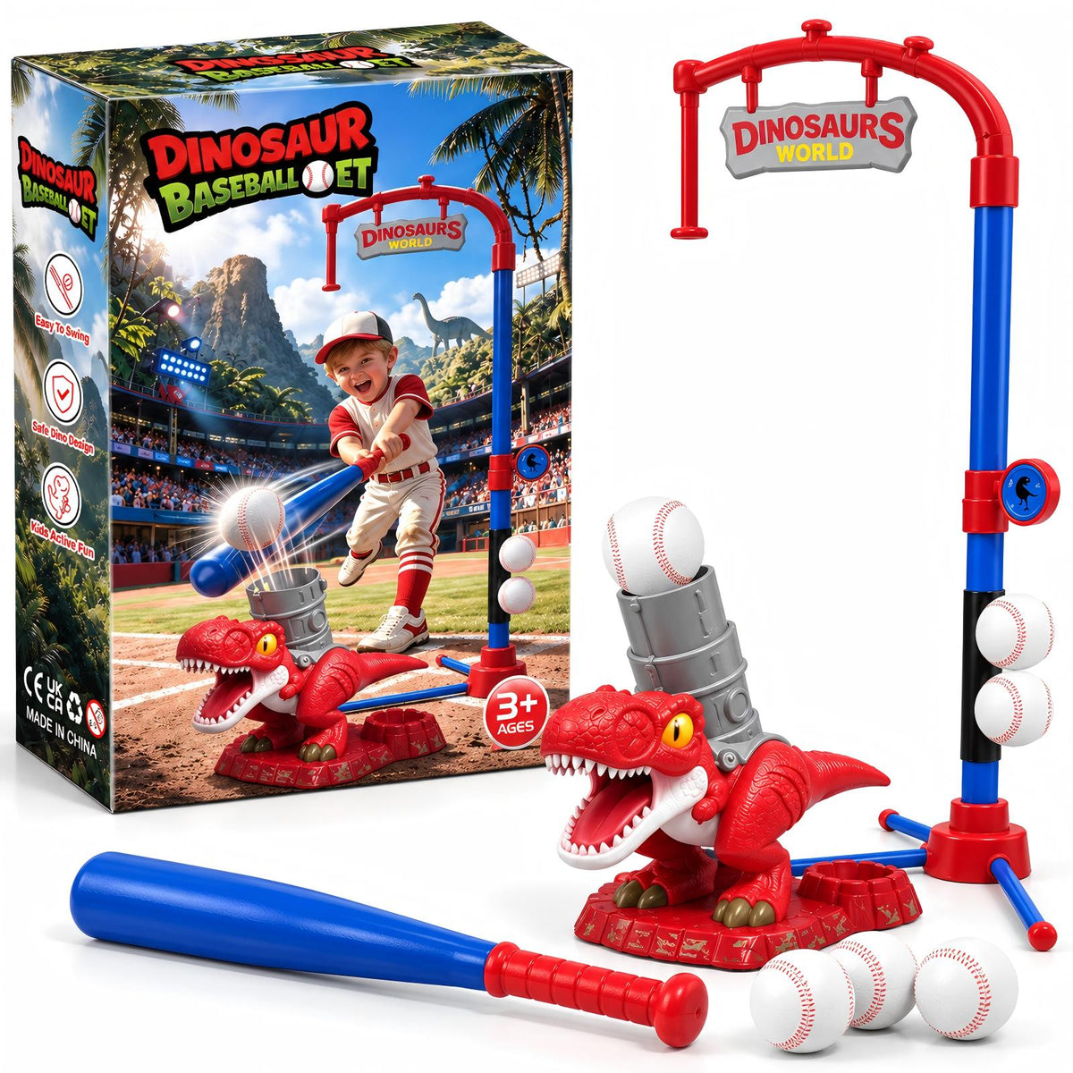 Atvuaey Dinosaur 3-in-1 Baseball Set for Kids, Adjustable Tee Ball Set with Automatic Ball Launcher, 6 Softballs, Indoor Outdoor Sports Toy for Boys & Girls Ages 3-12