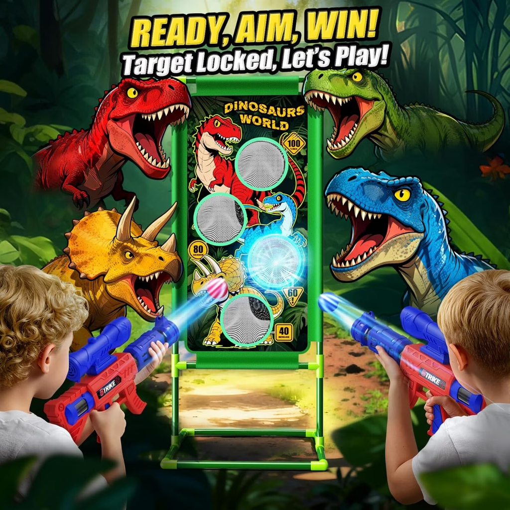 Atvuaey Dinosaur Foam Ball Launcher Toy,Shooting Target Game 2 Air Pump Launchers 24 Soft Balls,Outdoor Active Play Toys,Gifts for Boys Girls Age 3-12