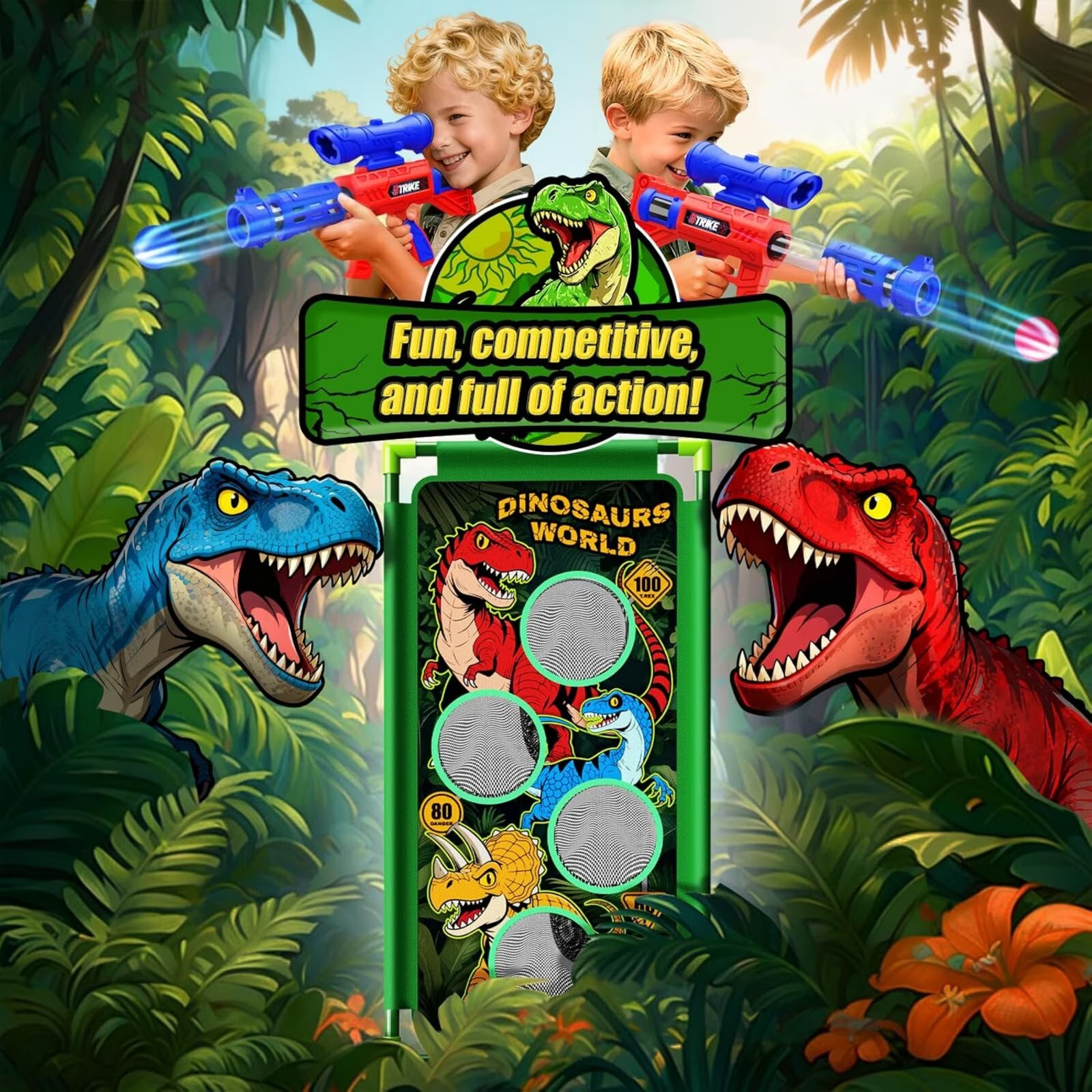 Atvuaey Dinosaur Foam Ball Launcher Toy,Shooting Target Game 2 Air Pump Launchers 24 Soft Balls,Outdoor Active Play Toys,Gifts for Boys Girls Age 3-12